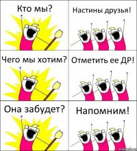 Кто мы? Настины друзья! Чего мы хотим? Отметить ее ДР! Она забудет? Напомним!