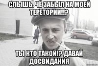 слышь, чё забыл на моей теретории!!? ты кто такой!? давай досвидания