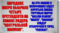 Народное жюри выбрало четыре претендента на звание лидера "Контрольной закупки". За это звание в полуфинале будет бороться лапша торговых марок "Gallina Blanca", "Makfa", "Baronia" (лидер отборочного тура), "Federici".