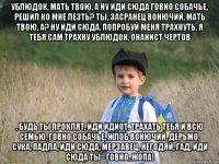 ублюдок, мать твою, а ну иди сюда говно собачье, решил ко мне лезть? ты, засранец вонючий, мать твою, а? ну иди сюда, попробуй меня трахнуть, я тебя сам трахну ублюдок, онанист чертов , будь ты проклят, иди идиот, трахать тебя и всю семью, говно собачье, жлоб вонючий, дерьмо, сука, падла, иди сюда, мерзавец, негодяй, гад, иди сюда ты - говно, жопа!