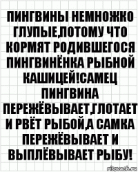 Пингвины немножко глупые,потому что кормят родившегося пингвинёнка рыбной кашицей!Самец пингвина пережёвывает,глотает и рвёт рыбой,а самка пережёвывает и выплёвывает рыбу!