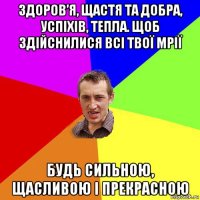 здоров’я, щастя та добра, успіхів, тепла. щоб здійснилися всі твої мрії будь сильною, щасливою і прекрасною