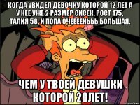 когда увидел девочку которой 12 лет а у нее уже 2 размер сисек, рост 175, талия 58, и попа очеееенььь большая. чем у твоей девушки которой 20лет!