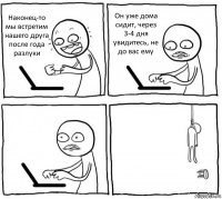 Наконец-то мы встретим нашего друга после года разлуки Он уже дома сидит, через 3-4 дня увидитесь, не до вас ему  