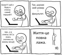 Боже!!! хай я буду в списку самий перший!! Так..шукаю свій універ і факультет. Що...я в списку 167,а якась скотина на моєму місці(( Життя-це повна лажа.