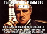 ты говоришь мемы это жизнь но ты баран пони, скакал на страпоне я пишу инструкции отрывая пуговицы ты долго ебался я пока ждал обосрался