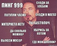 пинг 999 сходи за хлебом интернета нету вынеси мусор уберись за котом ты бестолоч да сколько можно? где мои шлепки? погуляй часик сходи в магаз