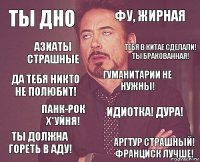 Ты дно Фу, жирная Да тебя никто не полюбит! ТЫ ДОЛЖНА ГОРЕТЬ В АДУ! Идиотка! Дура! Гуманитарии не нужны! панк-рок Х*УЙНЯ! Аргтур страшный! Франциск лучше! Азиаты страшные тебя в китае сделали! ты бракованная!