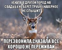 уехала в другой город на свадьбу,не берёт трубку,наверное не слышит перезвонила,сказала все хорошо,не переживай