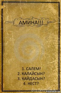 АМИНА!!! 1. САЛЕМ!
2. КАЛАЙСЫН?
3. КАЙДАСЫН?
4. НЕСТ?