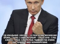  где опаздывал: 1.москва — 62 раза. из них: московский кремль – 20 раз. 2.санкт-петербург – 7 раз. 3.сочи – 5 раз. 4.минск – 4 раза. 5.по три раза: таджикистан, италия, уфа, германия, киев, великобритания.