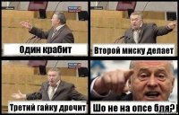 Один крабит Второй миску делает Третий гайку дрочит Шо не на опсе бля?