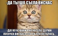 -да ты шо съела вискас -да! ну извини я не хотела. держи кусочек вискаса это то что осталось.