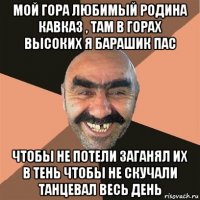 мой гора любимый родина кавказ , там в горах высоких я барашик пас чтобы не потели заганял их в тень чтобы не скучали танцевал весь день