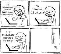 всю следующую неделю будет выше +30 градусов Но сегодня 26 августа а на следующей неделе 1 сентября 