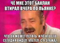 чё мне этот баклан втирал вчера по пьянке? что он может летать. и чё кто его сегодня видел. улетел. с 9 этажа?