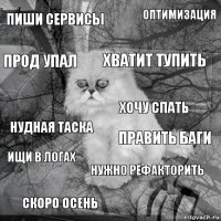 ПИШИ СЕРВИСЫ ПРАВИТЬ БАГИ ХВАТИТ ТУПИТЬ СКОРО ОСЕНЬ НУДНАЯ ТАСКА оптимизация НУЖНО РЕФАКТОРИТЬ ПРОД УПАЛ ищи в логах хочу спать