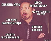 скажіть курс шось поламалось? хто хоче замовити піцу? скажіть авторизовані ак скільки бланків     хто має розміняти 500 грн?