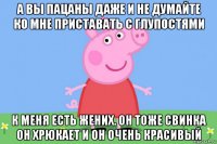 а вы пацаны даже и не думайте ко мне приставать с глупостями к меня есть жених. он тоже свинка он хрюкает и он очень красивый