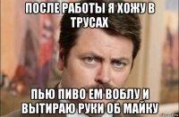 после работы я хожу в трусах пью пиво ем воблу и вытираю руки об майку