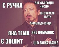 є ручка Яке сьогодні число  Є зошит Яке домашнє Скількі до кінця Яка тема Шо вона каже  Як вчителя звати