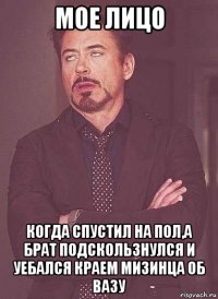 мое лицо когда спустил на пол,а брат подскользнулся и уебался краем мизинца об вазу