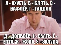 а - ахуеть, б - блять, в - вафлёр, г - гандон д - долбоёб, е - ебать, ё - ёпта, ж - жопа, з - залупа