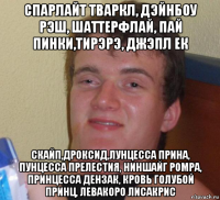 спарлайт тваркл, дэйнбоу рэш, шаттерфлай, пай пинки,тирэрэ, джэпл ек скайп,дроксид,лунцесса прина, пунцесса прелестия, ниншайг ромра, принцесса дензак, кровь голубой принц, левакоро лисакрис