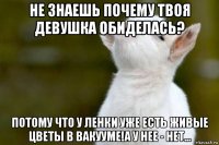 не знаешь почему твоя девушка обиделась? потому что у ленки уже есть живые цветы в вакууме!а у нее - нет...