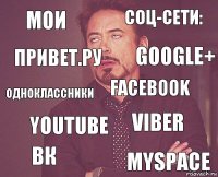 МОИ СОЦ-сети: Одноклассники Вк Viber Facebook youtube MySpace Привет.ру Google+