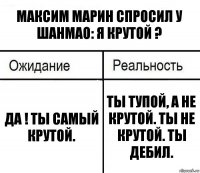 Максим Марин спросил у Шанмао: Я крутой ? Да ! Ты самый крутой. Ты тупой, а не крутой. Ты не крутой. Ты дебил.