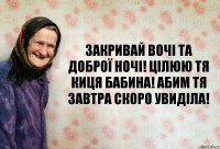 закривай вочі та доброї ночі! цілюю тя киця бабина! абим тя завтра скоро увиділа!