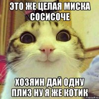 это же целая миска сосисоче хозяин дай одну плиз ну я же котик