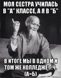 моя сестра училась в "а" классе, а я в "б" в итоге мы в одном и том же колледже т.ч. (а=б)