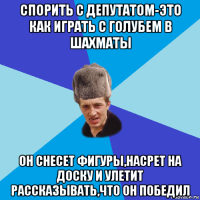 спорить с депутатом-это как играть с голубем в шахматы он снесет фигуры,насрет на доску и улетит рассказывать,что он победил