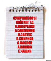 супервайзоры лайтинг тд
а.мазуренко
а.салеников
к.солтус
п.смирнов
а.маслов
а.исаков
е.чащин