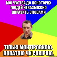 мої чуства до нєкоторих людей невазможно виразить словами тількі монтіровкою, лопатою чи сокірою.