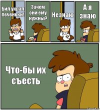 Бил украл печеньки! Зачем они ему нужны? Незнаю А я знаю Что-бы их съесть