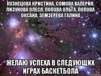 кузнецова кристина, сомова валерия, лизунова олеся, попова ольга, попова оксана, земзерева галина желаю успеха в следующих играх баскетбола