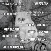 Страйк по 56 рублей Опять забухал Не встретился с таней Зачем, страйк? Она ждала 56 рублей Долбанная акция Я же не хотел.. Жизнь боль Такой дешёвый