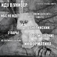 иду в универ тестирование на самом деле итс - никто  2 пары говорю, что ибс никто информатика ибс не идёт не попинаешь хуй английский