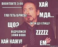 Вконтакте 3:00
--------------------- Хай Що? Хай кажу! Zzzzz Ей ти що спиш? Відчепися злий вовк Ем... Гав геть!Брись! Мда...