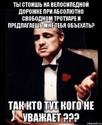 ты стоишь на велосипедной дорожке при абсолютно свободном тротуаре и предлагаешь мне тебя объехать? так кто тут кого не уважает ???