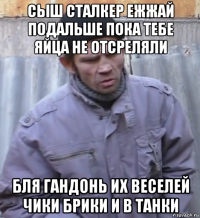 сыш сталкер ежжай подальше пока тебе яйца не отсреляли бля гандонь их веселей чики брики и в танки