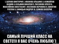 1. белова виктория 2. иванова альбина 3. измайлов вадим 4. кузьмин николай 5. лизунова олеся 6. максимова анастасия 7. насонова вероника 8. никитин руслан 9. синицын андрей 10. сомова валерия самый лучший класс на свете!)) я вас очень люблю*)