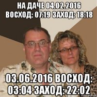 на даче 04.02.2016 восход: 07:19 заход: 18:18 03.06.2016 восход: 03:04 заход: 22:02