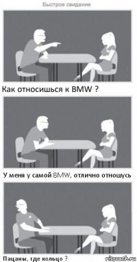 Как относишься к BMW ? У меня у самой BMW, отлично отношусь Пацаны, где кольцо ?