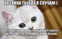 хозяйка ты где я скучаю:( я тут кисечка моя ура:) не обижайте своего кота он же ответит вам добром и лаской как и вы