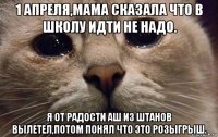 1 апреля,мама сказала что в школу идти не надо. я от радости аш из штанов вылетел,потом понял что это розыгрыш.