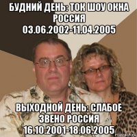 будний день: ток шоу окна россия 03.06.2002-11.04.2005 выходной день: слабое звено россия 16.10.2001-18.06.2005